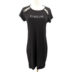 Y2K Rhinestone Logo Bodycon Dress Bebe Cutout Shoulder Black L